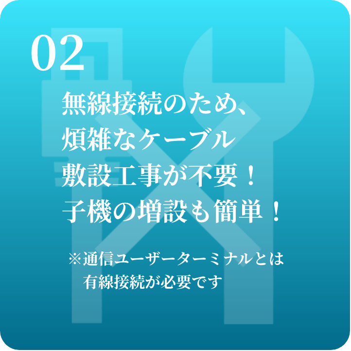 02 無線接続のためケーブル敷設工事が不要!子機の増設も簡単!ただし通信ユーザーターミナルとは有線接続が必要です
